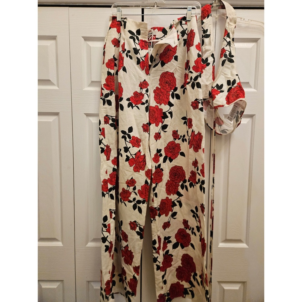Mirae Paris Red Rose Floral Linen Two Piece Set Halter Top Wide Leg Pants NWT 38